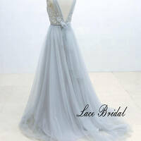 Ivory Lace Wedding Dress with Silver Thread Binding Dusty Blue Airy Tulle Wedding Dress with Deep V Neckline,1775 - Thumbnail 1