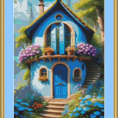 Blue round house cross stitch pattern