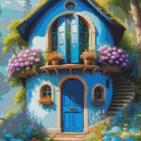 Blue Round House Cross Stitch Pattern - Thumbnail 1