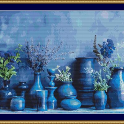 Blue pottery cross stitch pattern - Thumbnail 1