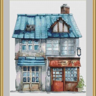 Blue house cross stitch pattern