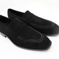 Crafted Leather Moccasin Dress Shoes Black Suede Leather Classic Wellington Penny Loafers - Thumbnail 1