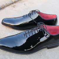 Crafted Leather Handmade Men Black Patent Leather Oxford Formal Lace up Dress Shoes - Thumbnail 2