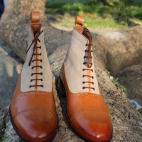 Crafted Leather Bespoke Dress Shoes Beige Brown Suede Leather Ankle High Lace up Boot - Thumbnail 2