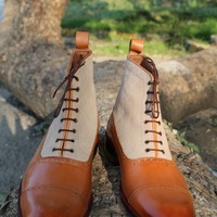 Crafted Leather Bespoke Dress Shoes Beige Brown Suede Leather Ankle High Lace up Boot - Thumbnail 3