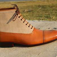 Crafted Leather Bespoke Dress Shoes Beige Brown Suede Leather Ankle High Lace up Boot - Thumbnail 4