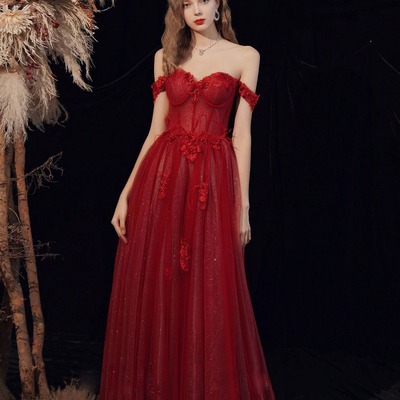 Burgundy a line tulle long prom dress, burgundy evening dress,1058