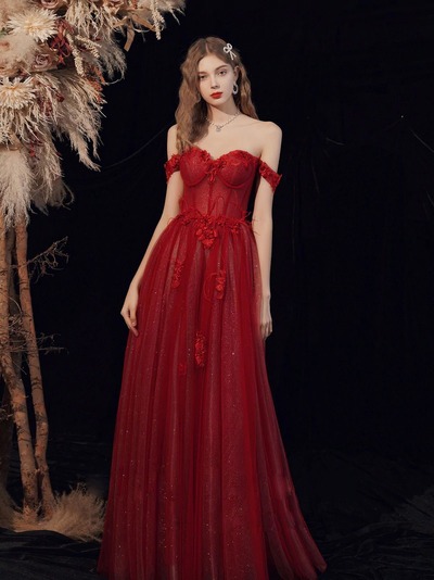 Burgundy A line tulle long prom dress, burgundy evening dress,1058