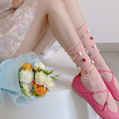 Puff girl flower rose breathable middle tube stacked socks
