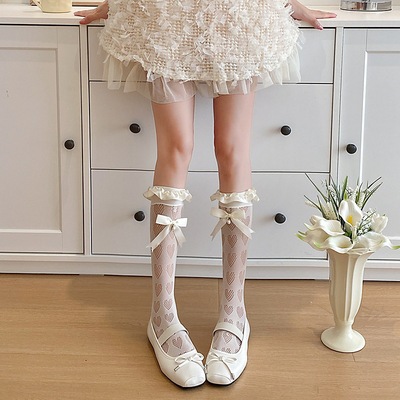 Hollow love learts bowknot knee high socks