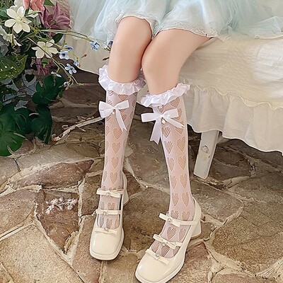 Hollow love learts bowknot knee high socks