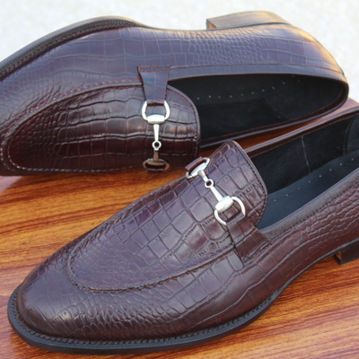 Handmade dark brown moccasin crocodile / alligator horsebit loafer shoes