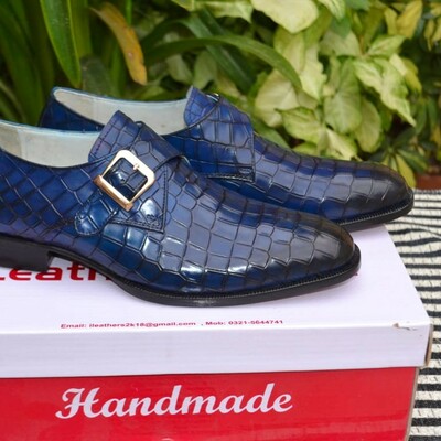 Handmade classic monk strap blue crocodile / alligator dress oxford shoes