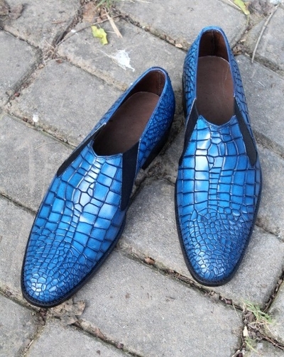 Handmade Men Alligator Oxford Shoes, Men Blue Patina Crocodile Dress Shoes