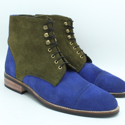 Crafted leather bespoke dress shoes blue green suede leather ankle high lace up boot - Thumbnail 2