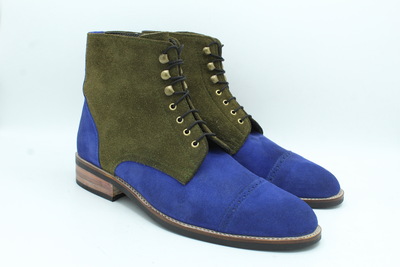 Crafted Leather Bespoke Dress Shoes Blue Green Suede Leather Ankle High Lace up Boot