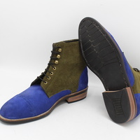 Crafted Leather Bespoke Dress Shoes Blue Green Suede Leather Ankle High Lace up Boot - Thumbnail 1
