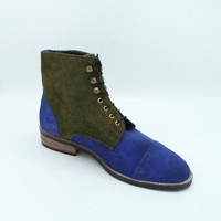 Crafted Leather Bespoke Dress Shoes Blue Green Suede Leather Ankle High Lace up Boot - Thumbnail 4