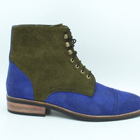 Crafted Leather Bespoke Dress Shoes Blue Green Suede Leather Ankle High Lace up Boot - Thumbnail 8