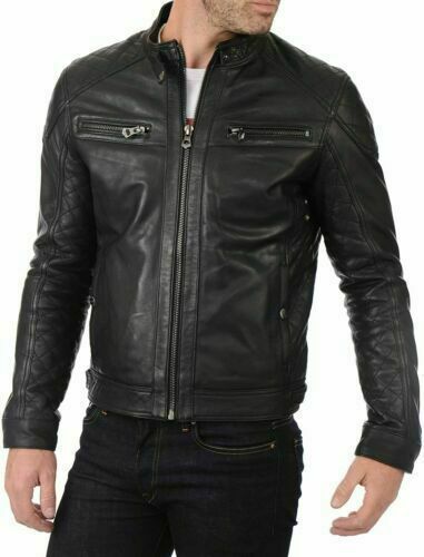 New men's lamb leather 100% leather jacket biker motorcycle stylish quilted blac