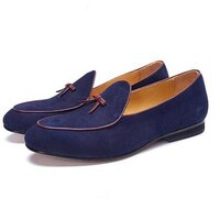 New Handmade Customized Luxury Fashion Blue Loafers Men's Shoes - Thumbnail 4