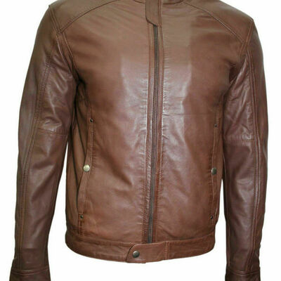 Men's genuine sheepskin real leather jacket motorcycle biker basic brown coat