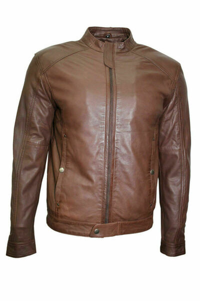 Men's Genuine Sheepskin Real Leather Jacket Motorcycle Biker Basic Brown Coat