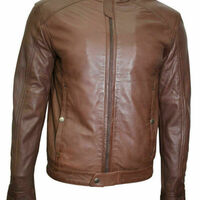 Men's Genuine Sheepskin Real Leather Jacket Motorcycle Biker Basic Brown Coat - Thumbnail 1