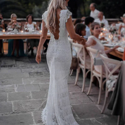 Lace boho mermaid backless cap sleeve bohemian wedding dresses,1059