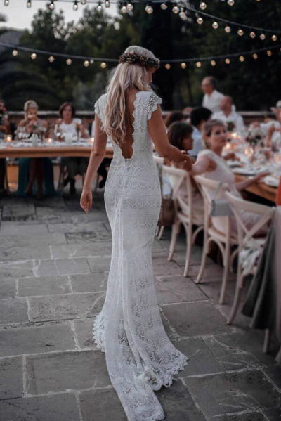 Lace Boho Mermaid Backless Cap Sleeve Bohemian Wedding Dresses,1059