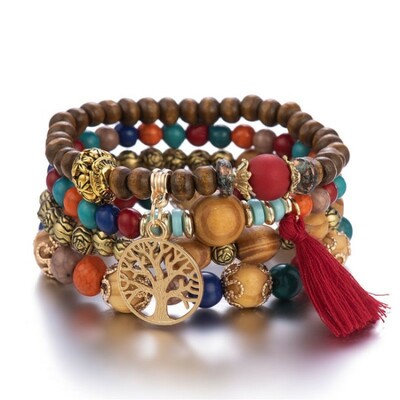 Bohemian style multi-layer bracelet set elastic wood bead bracelets