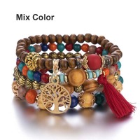 Bohemian style multi-layer bracelet set elastic wood bead bracelets - Thumbnail 1