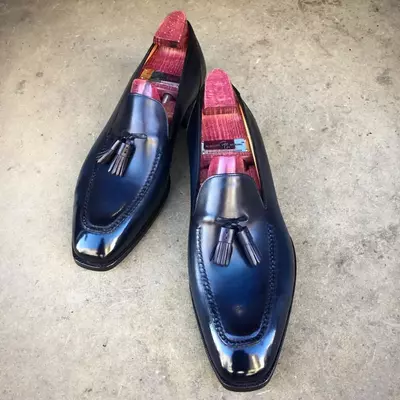 Handmade Men's Tassel Loafer Blue Cowhide Leather Moccasins Dress Formal Shoes