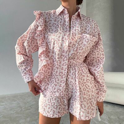 Leopard print fashionable long sleeved shorts and pajama set (can be worn externally)