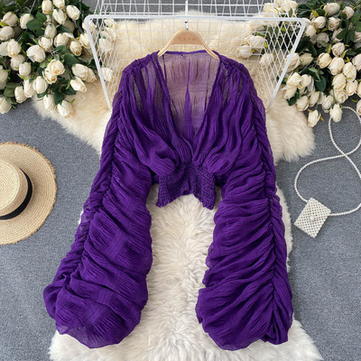 Ladies fashion folded bubble sleeves slim fit short chiffon shirt