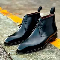 Handmade Men's Black Leather Chukka Chiseled Toe Ankle Boots Lace Up Dress Boots - Thumbnail 4