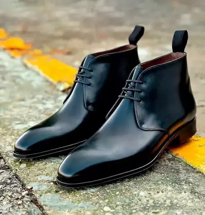 Handmade Men's Black Leather Chukka Chiseled Toe Ankle Boots Lace Up Dress Boots