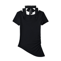 Lace patchwork mask T-shirt irregular top hot girl tight waist short sleeve - Thumbnail 7