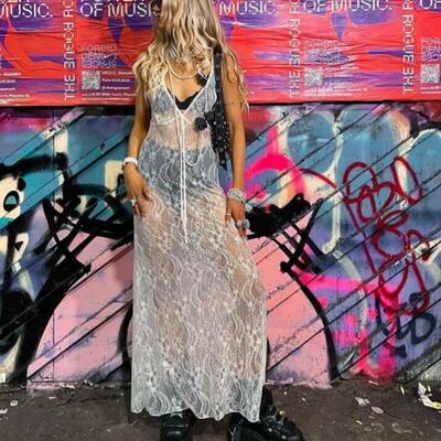 V-neck see through lace mesh dress