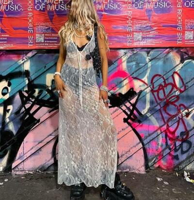 V-neck See Through Lace Mesh Dress
