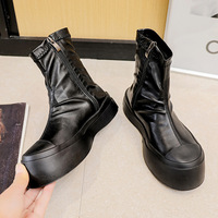 Black Platform Round Toe Motorcycle Boots - Thumbnail 3