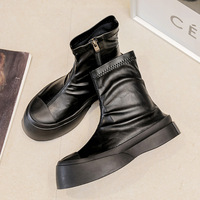 Black Platform Round Toe Motorcycle Boots - Thumbnail 2