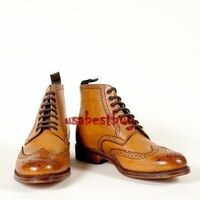 New Handmade Brogue Style Genuine Leather Boots, Men Light Brown Ankle Boots - Thumbnail 4