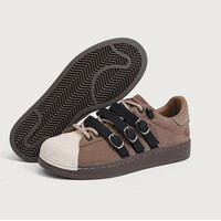 Brown Weircore Aesthetic Leather Straps Laceup Sneakers - Thumbnail 6