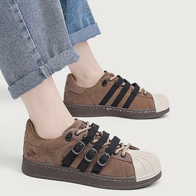 Brown weircore aesthetic leather straps laceup sneakers