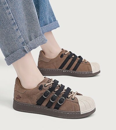 Brown Weircore Aesthetic Leather Straps Laceup Sneakers