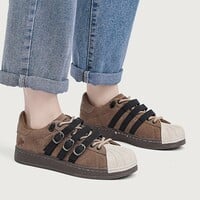 Brown Weircore Aesthetic Leather Straps Laceup Sneakers - Thumbnail 2