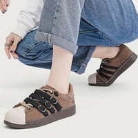 Brown Weircore Aesthetic Leather Straps Laceup Sneakers - Thumbnail 1