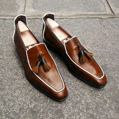 Handmade leather shoes brown slip own shoes dress tussel mocassion