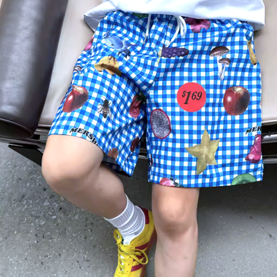 *free shipping*food print plaid shorts